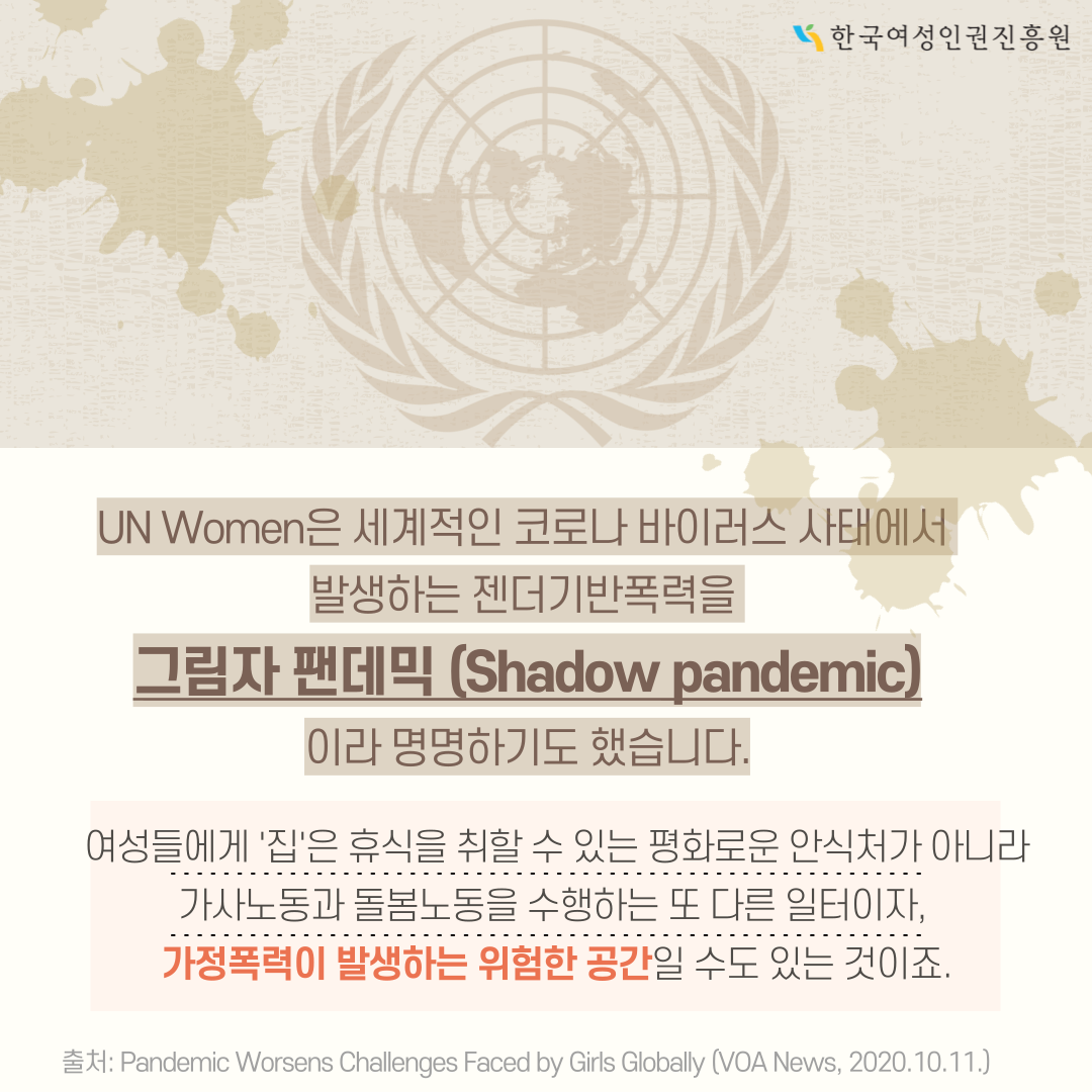 4장 UN Women은 세계적인 코로나 바이러스 사태에서 발생하는 젠더기반폭력을 그림자 팬데믹이라 명명하기도 했습니다