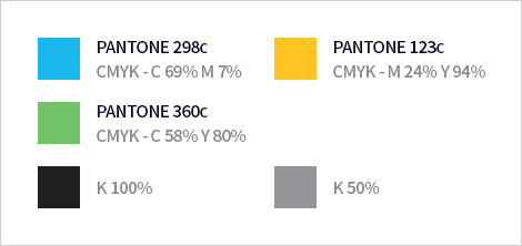PANTONE 298c(CMYK - C 69% M 7%), PANTONE 123c(CMYK - M 24% Y 94%), PANTONE 360c(CMYK - C 58% Y 80%), K 100%, K 50%