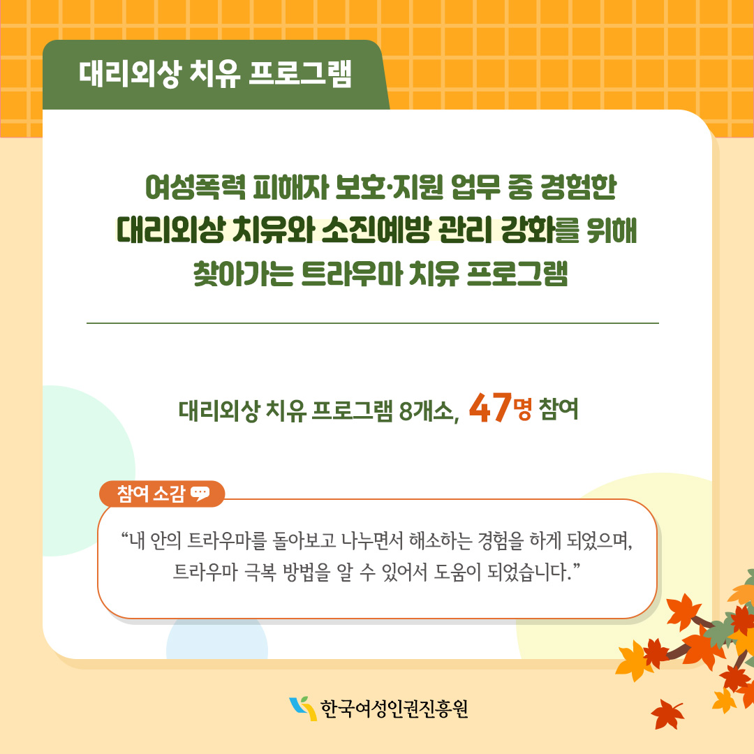 조직대상 프로그램 / 조직 의사소통 활성화 및 동료 간 이해·지지를 통한 긍정적 조직문화 형성을 위한 집단 상담 프로그램 / 집단심리상담 4개소, 22명 참여, 소통역량강화 16개소, 85명 참여 / 참여소감 – 동료들과 집단상담을 통해 소통과 이해의 창구가 되었고 함께 일하는 동료에 대해서 나 자신에 대해서 알 수 있는 시간이었다.