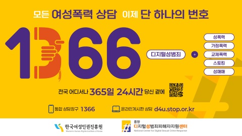모든 여성폭력 상담 이제 단 하나의 번호 1366 디지털성범죄 성폭력 가정폭력 교제폭력 스토킹 성매매 전국 어디서나 365일 24시간 당신 곁에 통합 상담창구 1366 온라인게시판 상담 d4u.stop.or.kr 한국여성인권진흥원 중앙디지털성범죄피해자지원센터