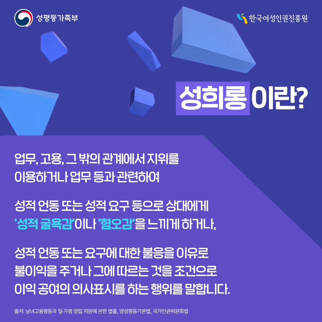 [카드뉴스1] 농담이라는 변명 뒤에 숨은 폭력, ‘선을 지키는 일상’ 그말 정말 괜찮은 농담이었을까요? 일상 속 성희롱을 예방하는 방법! 한국여성인권진흥원이 알려드립니다  [카드뉴스2] “분위기 좀 풀자고 한 말인데...” “친해서 그런거 잖아” “너무 예민한거 아니야?” 하지만 누군가에게는 ‘그말’이 오래 남는 불편함이 될 수 있습니다.  [카드뉴스3] 성희롱은 “특별한 장소”에서만 일어나지 않습니다. 직장, 학교, 회식, 온라인 대화방처럼 우리가 매일 오가는 관계 안에서도 발생할 수 있습니다. 중요한 기준은 말한 사람의 ‘의도’보다 듣는 사람의 성적 불쾌감과 관계의 맥락입니다.  [카드뉴스4] 성희롱이란? 업무, 고용, 그 밖의 관계에서 지위를 이용하거나 업무 등과 관련하여 성적 언동 또는 성적요구 등으로 상대에게 ‘성적 굴욕감’이나 ‘혐오감’을 느끼게 하거나, 성적언동 또는 요구에 대한 불응을 이유로 불이익을 주고나 그에 따르는 것을 조건으로 이익 공여의 의사표시를 하는 행위를 말합니다 (출처: 남녀공용평등과 일·가정 양립 지원에 관한 법류, 양성평등기본법, 국가인권위원회법)