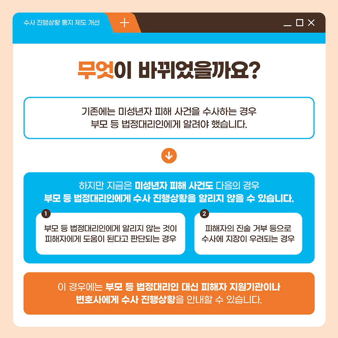 ② 페이지 무엇이 바뀌었을까요? 기존에는 미성년자 피해 사건을 수사하는 경우 부모 등 법정대리인에게 알려야 했습니다. 하지만 지금은 미성년자 피해 사건도 부모 등 법정대리인에게 수사 진행상황을 알리지 않을 수 있습니다. 부모 등 법정대리인에게 알리지 않는 것이 피해자에게 도움이 된다고 판단되는 경우, 피해자의 진술 거부 등으로 수사에 지장이 우려되는 경우에는 부모 등 법정대리인 대신 피해자 지원기관이나 변호사에게 수사 진행상황을 안내할 수 있습니다.